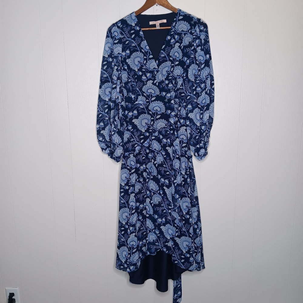 Anthropologie Hutch Geo Wrap Maxi Dress Womens Petite Size MP Blue Floral Hi-Low